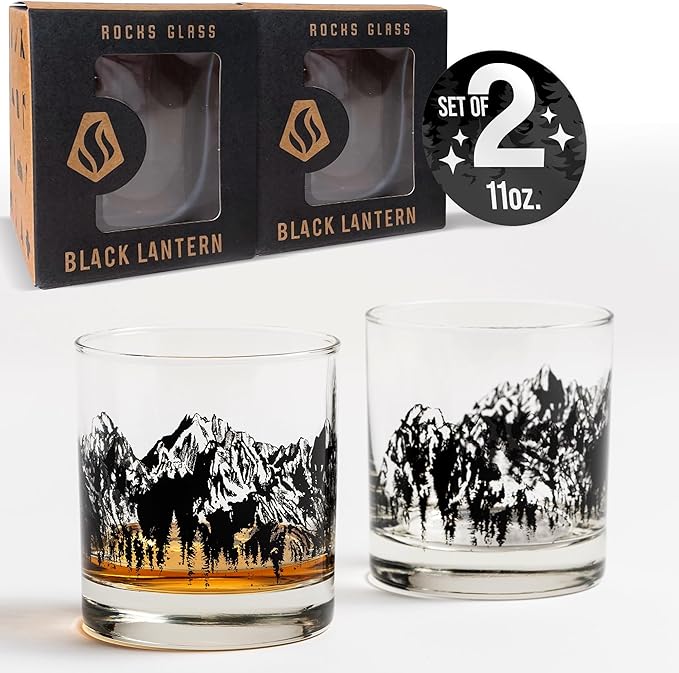 Black Lantern Mountain Rock Glasses – Hand-Printed 11oz Tumblers with Durable Forest Design – Set of 2 Heavy-Base Old Fashioned Glasses for Bourbon, Scotch, and Cocktails