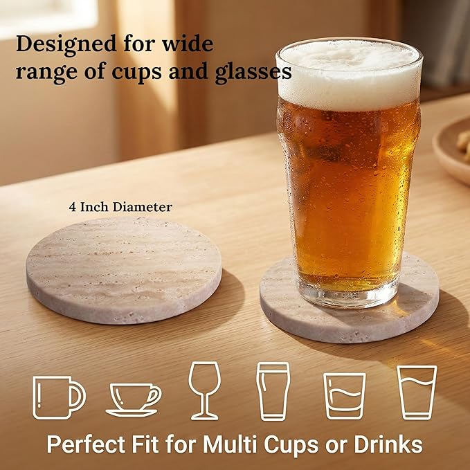Travertine Stone Coasters Set of 4 ，4 inch Round Coasters Make a Great Housewarming, Providing Sturdy and Durable Desktop Protection for a Variety of Cups