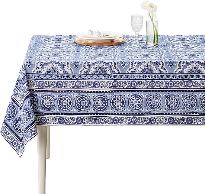 Maison d' Hermine Table Cloth Rectangle Table 100% Cotton 60 x 120 Inches Tablecloth Reusable Decorative for Dining Room Farmhouse Home Valentines Day Decorations Spring Summer - Melodie Bleue