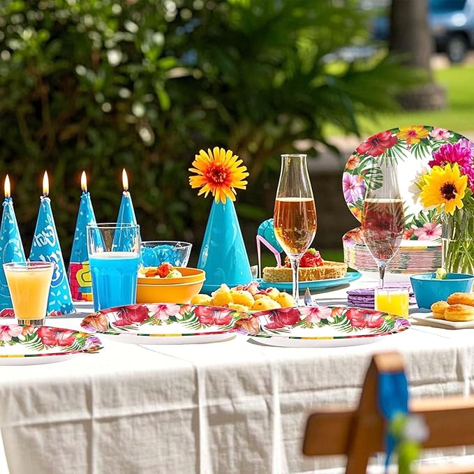 Grencian 50 Pcs Hawaiian Luau Oval Paper Plates 10"×12" Large Tropical Aloha Party Plates Disposable Heavy Duty Hawaiian Floral Luau Serving Tray for Summer Beach Birthday Party Supplies Decorations