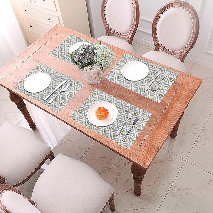 Block Print Floral Placemats 12x18 Inches Set of 4, Boho Blue Flower Decorative Modern Rectangle Table Mats for Party, Home Kitchen,Dining Table Decoration