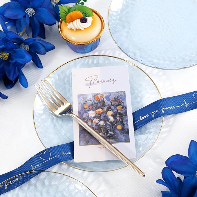 Rubtlamp 60 Pcs Blue Gold Plastic Plates, Hammered Plastic Dessert/Salad Plates, 7-Inch Blue Dessert Platos,Appetizer Platos Disposable Perfect For Wedding