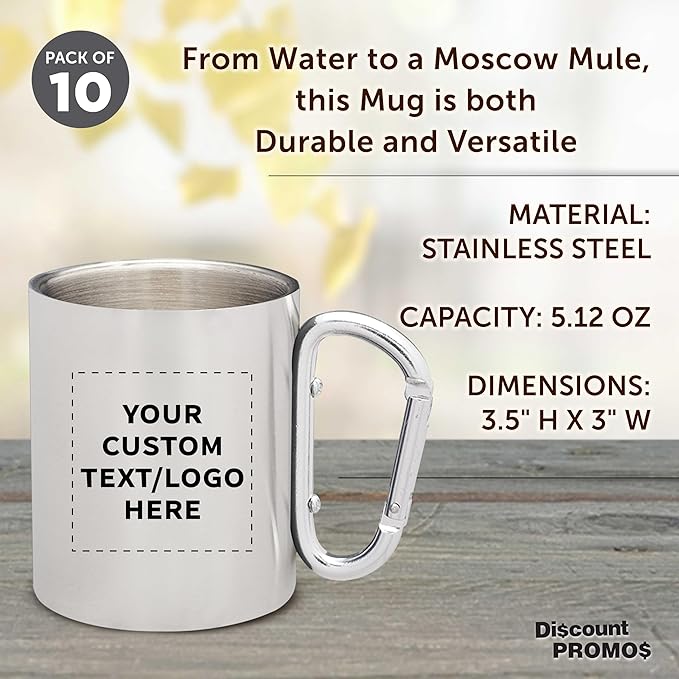 Custom Stainless Steel Mugs with Carabiner Handle 10 oz. Set of 10, Personalized Bulk Pack - Perfect for Coffee, Soda, Other Hot & Cold Beverages - Silver