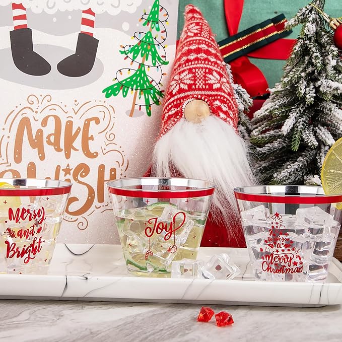 I00000 60PCS Christmas Red Plastic Cups Christmas Disposable Cups 9 Oz Plastic Holiday Cup Wine Glasses Red Rim Clear Cocktail Cups Tumblers Clear Drinking Glasses for Xmas Parties