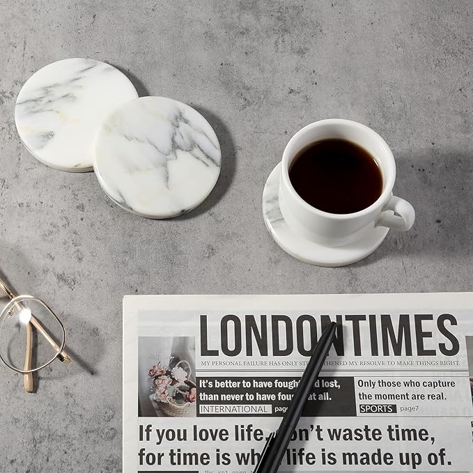 Koville Marble Coaster Set of 4, Round Coasters, 4" Stone Coaster for Drinks Coffee, Marble Coasters for Coffee Table Home Bar Decor, Heat Resistant, Gift Choice(Arabescato)