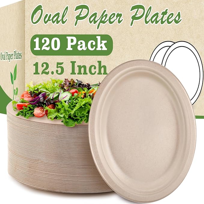 120 Pack Oval Paper Plates, 12.5 Inch Disposable Dinner Plates, Disposable Heavy Duty Large Biodegradable Plate, Super Strong Compostable Paper Plate for BBQ Party Picnic, Natural Brown