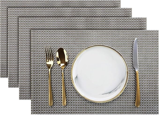 New Star Foodservice 28195 Crossweave Woven Vinyl Placemats, Set of 4, Electrum Silver