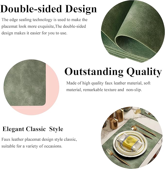 Cowhide Pattern PU Leather Placemats Set of 6 Heat Resistant Kitchen Table Mats, Non-Slip Dining Table Decorations, Double-Sides Waterproof Wipeable Place mats(Green)
