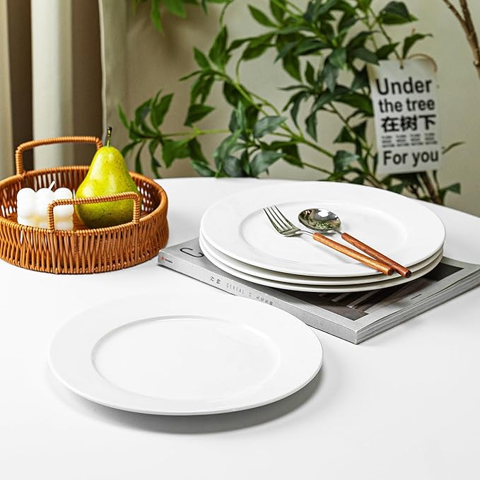 White Ceramic Dinner Plates Set of 4, 10 Inch Porcelain Dinner Plates for Salad, Pasta, and Steak – Microwave and Dishwasher Safe Dinnerware