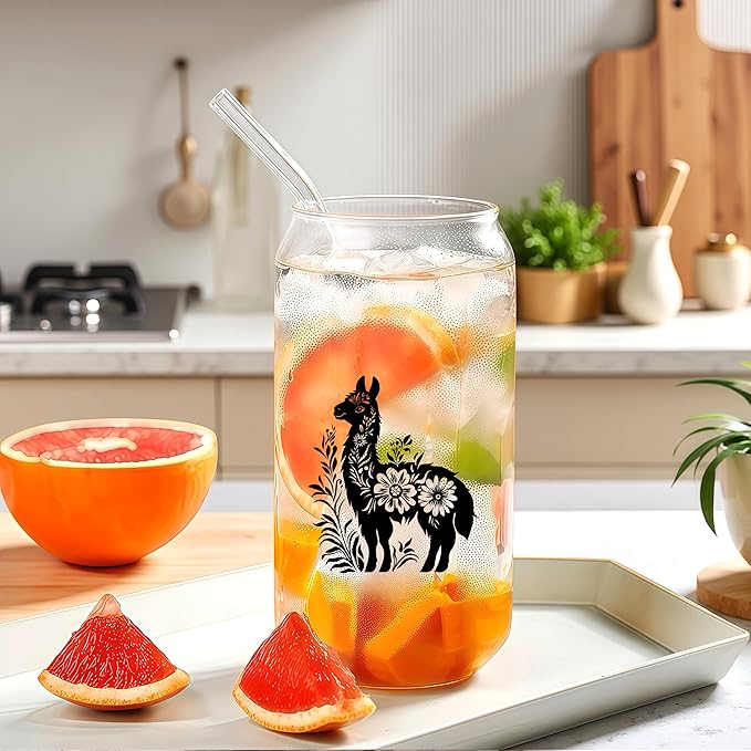 Cute Llama Glass Cup With Lids And Straws, Llama Gift For Women, Iced, Coffee, Smoothie, Cocktail, Beer, Whiskey, Soda, Matcha,16 Oz, Home Office Table Desk Decoration!