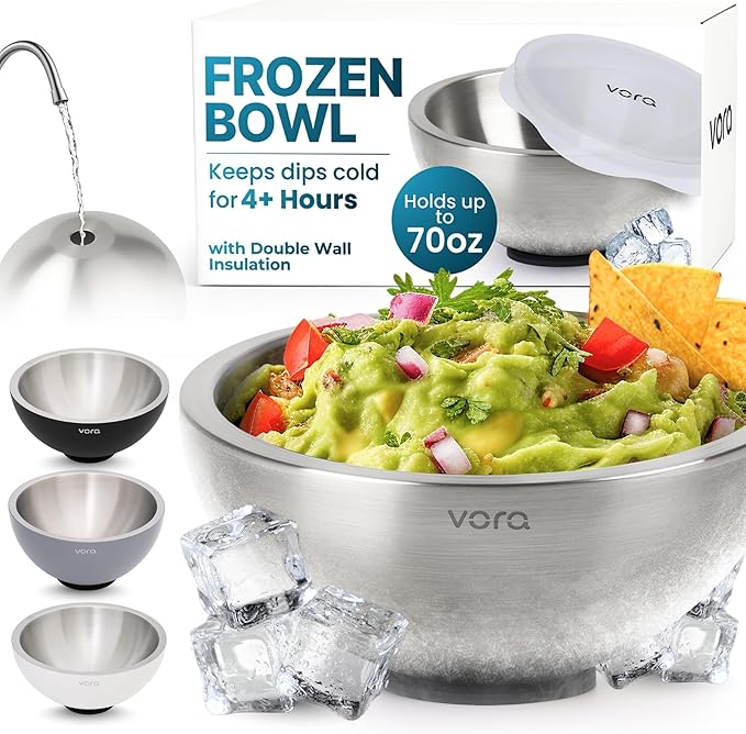 Vora 70oz Dip Chiller Bowl with Lid | Stainless Steel Chilled Dip Bowl for Dips, Guacamole, Hummus, Salsa | Insulated Serving Dishes with Easiest Water Fill & Refillable Chamber