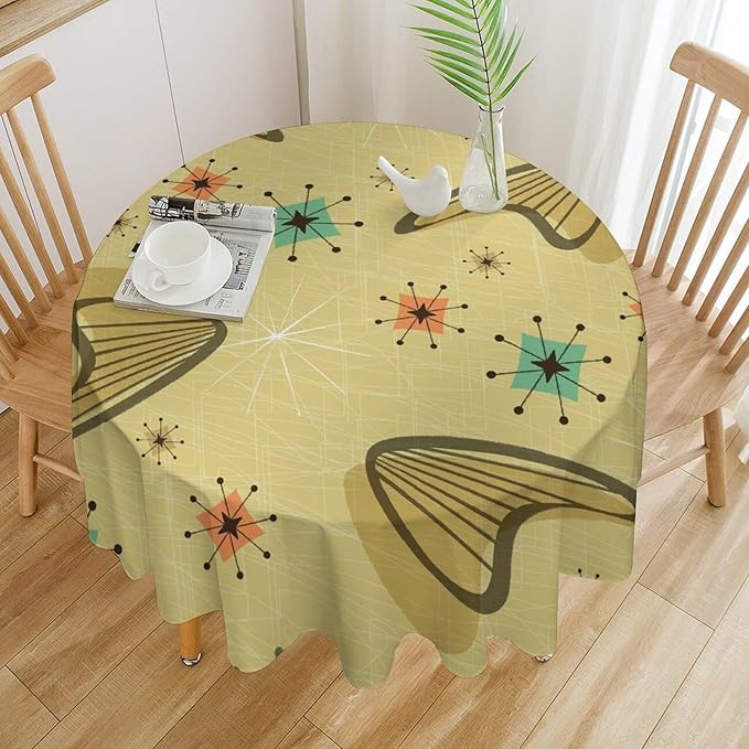 Mid Century Round Tablecloth, Retro Abstract Atomic Boho Geometric Art Printed Tablecloth for Home Party Dining Room Kitchen Decor 70Inch(178cm)