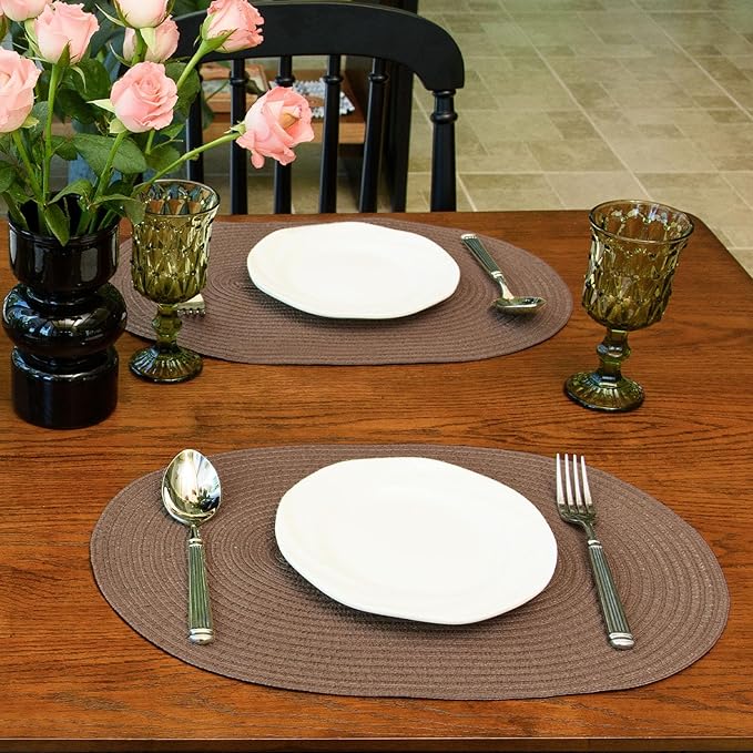 Noctiflorous Oval Braided Placemats Set of 6 Woven 12x18 Inch Non Slip Washable Heat Resistant Place Mats Round Tablemats for Dining Kitchen Party Daily Table Decor Dinner Mats (Solid Brown, 6)
