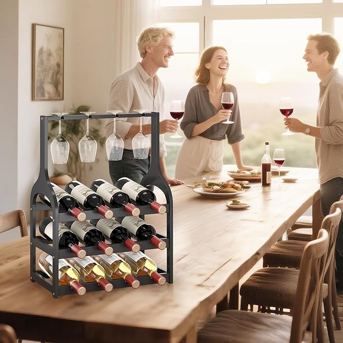Wine Rack Countertop for 12 Wine Bottles and 4 Glass Holder, Small Bamboo Free Standing Racks Tabletop Display, Wooden Wine Storage Organizer for Cabinet Pantry Kitchen Bar Home Dining Room (Black)