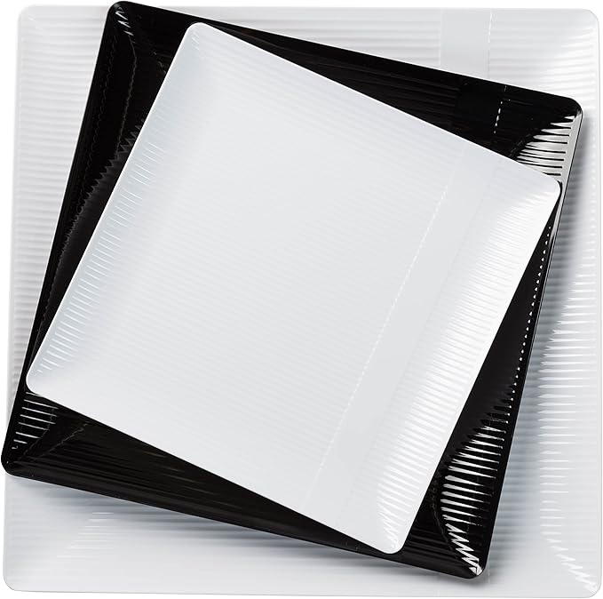 Exquisite Disposable-White-Plastic-Plates-Square Linear (40 Pack) Wedding Dinner Fancy Tableware Dishes (10.25 Inch., White) Single Size Set