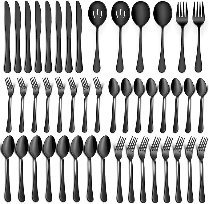 LIANYU 46-Piece Black Silverware Flatware Set for 8, Stainless Steel Flatware with Serving Utensils, Elegant Cutlery Tableware Includes Forks Spoons Knives, Mirror Polished