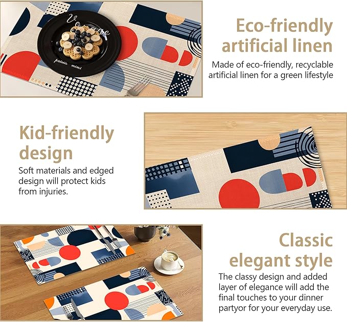 Navy Blue Gray Boho Placemats Set of 6, Linen Washable for Christmas, Thanksgiving, Party, and Daily Dining, Decorative Table Mats for 4-6 Person Table