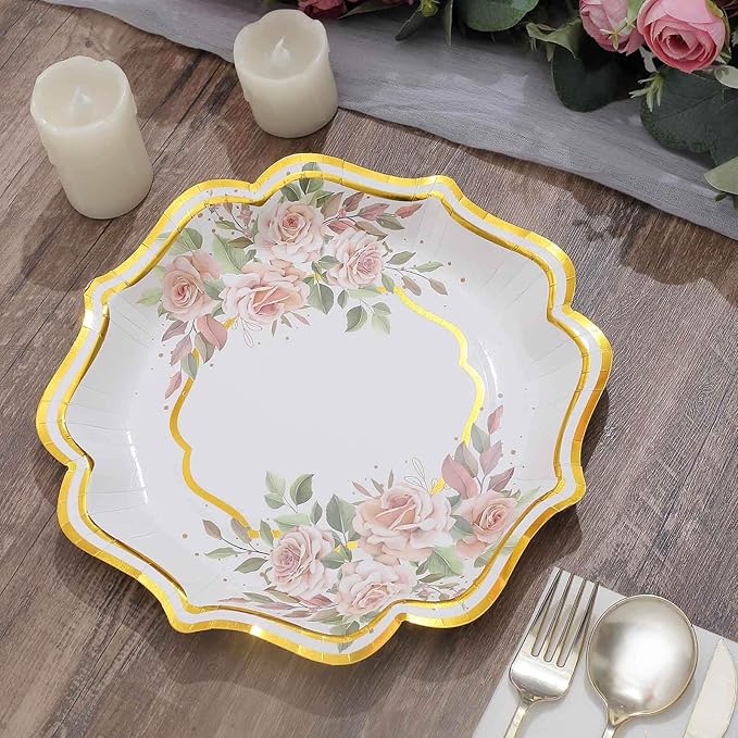 50 Pack 10" White/Gold Floral Print Scallop Rim Dinner Plates, Disposable Round Paper Party Plates 300 GSM for Festive Table Decoration