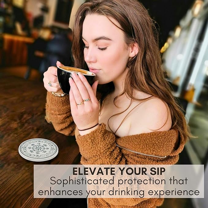 Ceramic Absorbent Mandala Coasters Set of 6 with Holder, Marble Drink Coasters for Coffee Table, Water-Absorbing Stone Coasters (Zen)