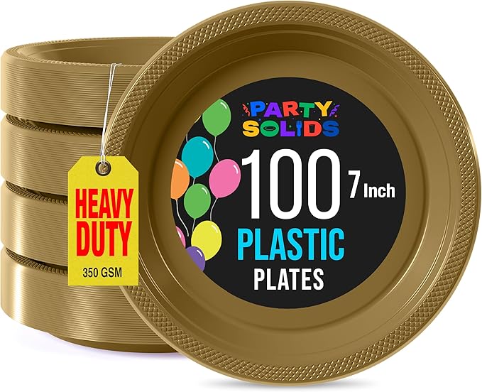 Gold Plastic Plates For Party 7" Gold Disposable Plates Heavy Duty 100 Pcs Plastic Dinnerware Sets Heavy Duty 350 GSM Disposable Dinnerware Set