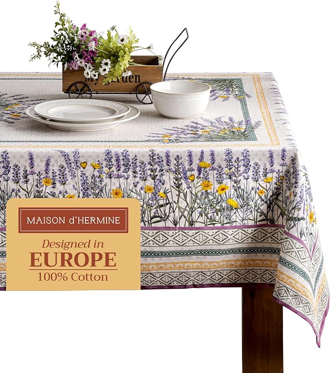 Maison d' Hermine Table Cloth Rectangle Table 100% Cotton 70 x 90 Inches Tablecloth Reusable Decorative for Dining Room Farmhouse Home Valentines Day Decorations Spring Summer - Fanny Lavender