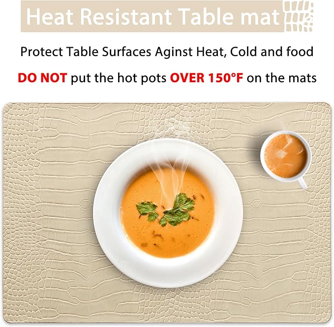 Jovono Faux Leather Placemats Set of 4, Waterproof Heat Resistant Dinner Place Mats for Dining Table, Non-Slip Crocodile Embossed, Beige (17.8x11.8 Inch)