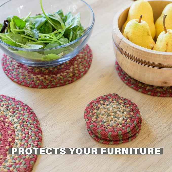 Homespice Cider Barn Jute Braided Coasters 4", Warm Country Rustic Decor, Set of 6, Red - Durable, Absorbs Moisture, Easy to Clean and Protects Furniture