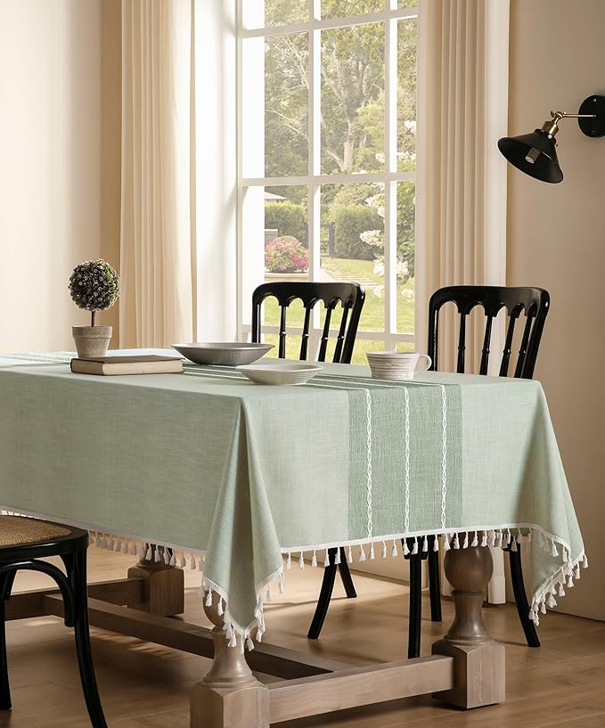 ZeeMart Contrast Linen Table Cloth Rectangle Table Cloths 60x104 Inch Green, Farmhouse Style Heavy Weight Sage Green Tablecloth, Water Resistant Burlap Tablecloths