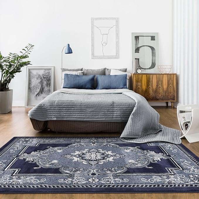 Modern 5x7 Navy Traditional Living Room Rug - Area Rugs for Living Room, Dining & Bedroom - Hand Carved Runner Carpet - Durable Polyester - Non-Fade, Stain-Resistant - Turkish Made