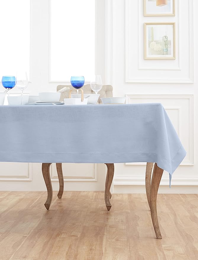 Solino Home Linen Tablecloth for Rectangle Tables 60 x 132 Inch - Classic Hemstitch 100% Pure Linen Sky Blue Table Cloth - Machine Washable Cloth Tablecloth for Spring, Easter
