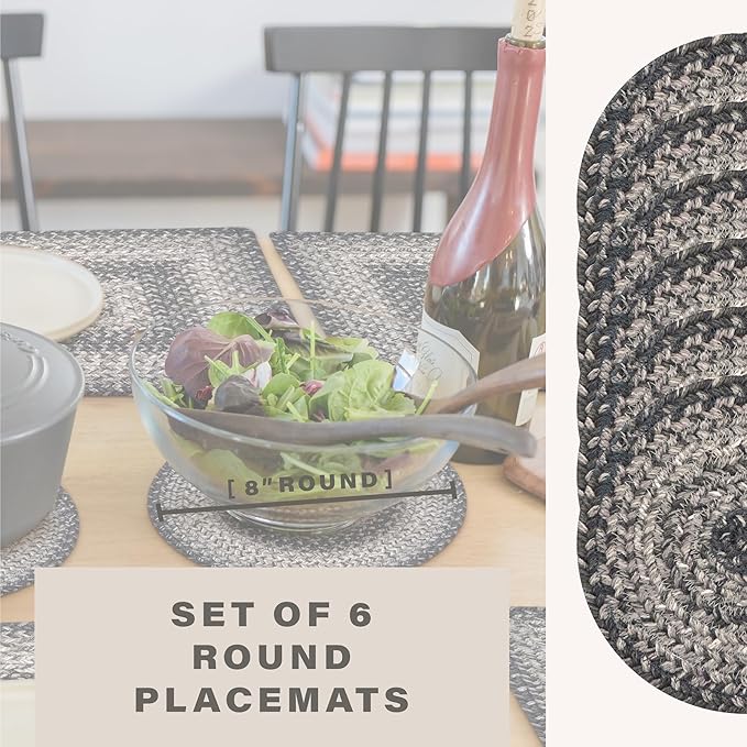 Homespice Flint Hill Jute Braided Kitchen Trivets for Hot Dishes, Warm Primitive Decor, Set of 6, Grey 8" Round Heat Resistant Mat - Rich Colors, Easy to Clean, Durable and Protects Furniture