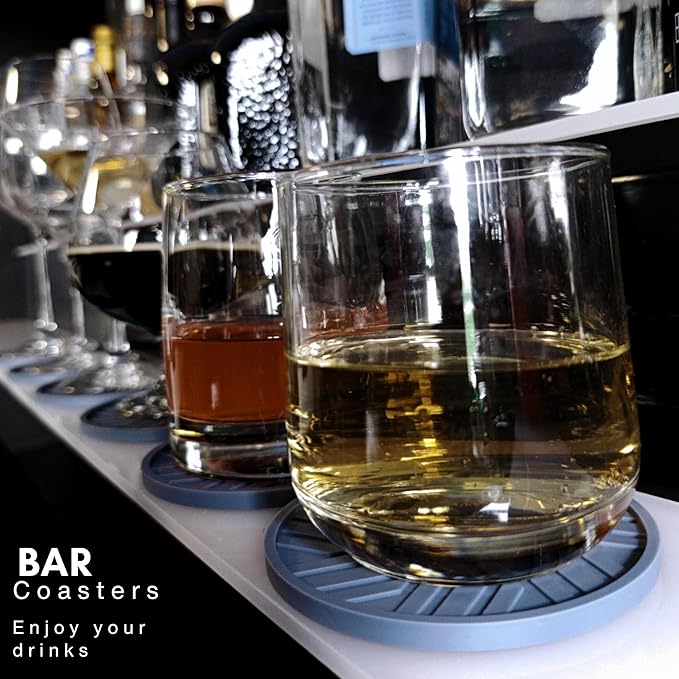 Silicone Coasters for Drinks Set of 6 & Gold Holder with Smart and Modern Groove Patterns - protecs Your Coffee Table from Condensation Mugs, Cups, Home Office bar Decor - Blue Gray