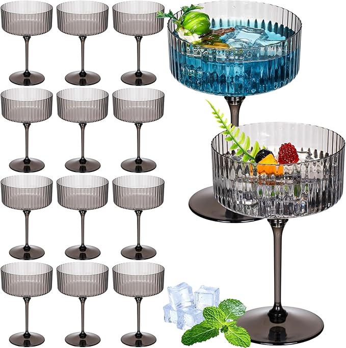 12 Pcs Ribbed Martini Glasses 10 oz Disposable Plastic Vintage Ribbed Coupe Glasses Unbreakable Dessert Parfait Glassware for Wedding Birthday Party Supplies (Black)