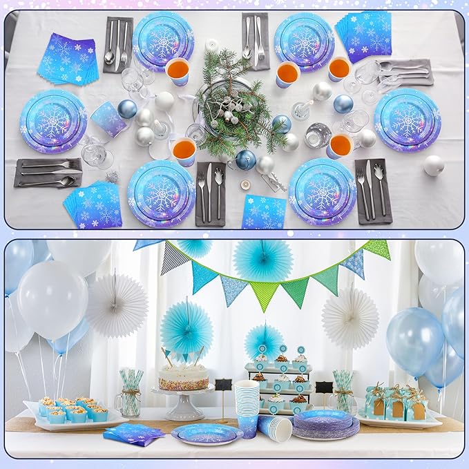 Kochorie 96 Pieces Frozen Iridescent Winter Snowflake Birthday Party Supplies Snowflake Tableware Set Disposable Paper Plates Cups Napkins Serve 24 Guests for Christmas Winter Wonderland Decorations