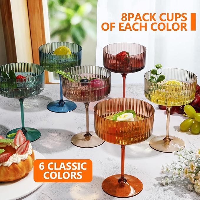 48 Pcs Ribbed Martini Glasses 10 oz Disposable Plastic Vintage Ribbed Coupe Glasses Unbreakable Dessert Parfait Glassware for Wedding Birthday Party Supplies (Classic Color)