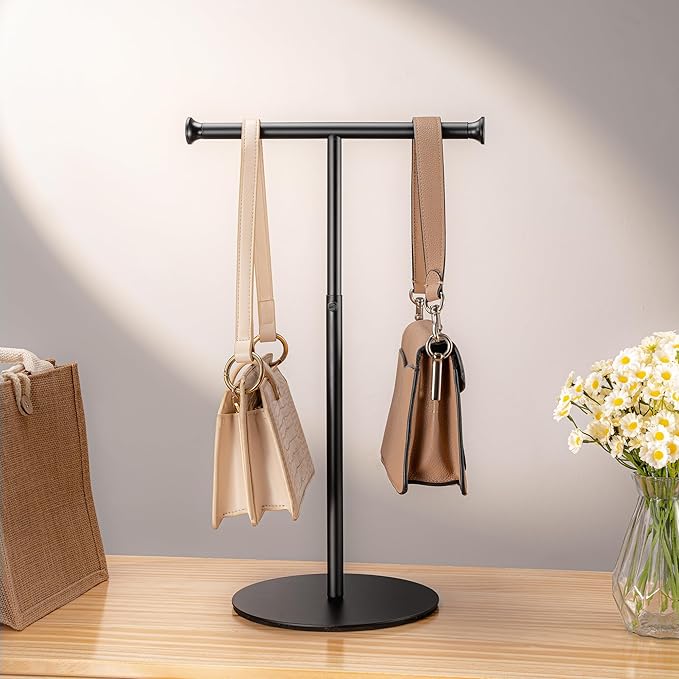 niffgaff T Bar Purse Display Stand Tabletop: Adjustable Height Handbag Holder, Countertop Hanging Rack for Long Necklace Scarf Lanyard, Black