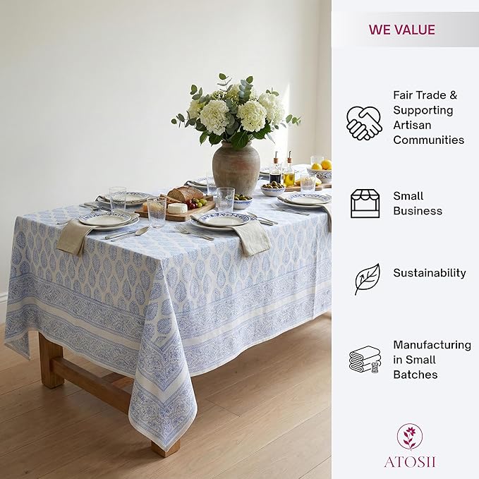 ATOSII Cotton Tablecloth Amalfi Blue 72" X 140" Inches Rectangle