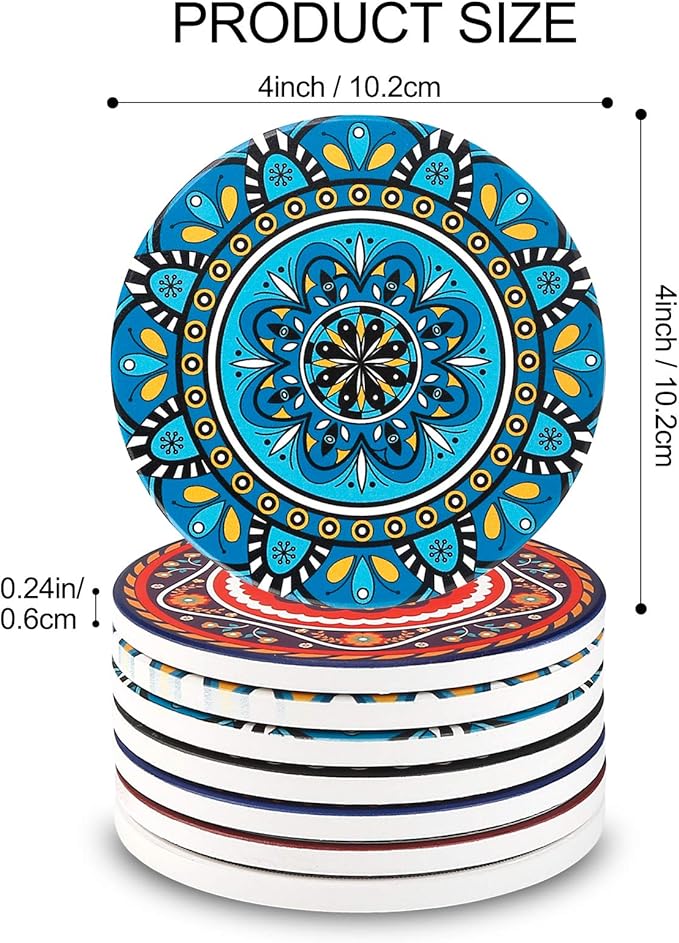 Coasters for Drinks,AODINI Set of 8 Absorbent Stone Coasters for Wooden Table, Mandala Ceramic with Cork Base, Gift for Housewarming Birthday and Family - Great Home and Dining Room Decor