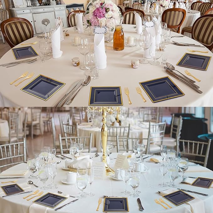 WDF 200PCS Blue Plastic Dessert Plates with Plastic Forks -6’’ 100 Square Disposable Appetizer Plates Small Cake Plates with Gold&100 Navy Blue Small Appetizer Forks for Party Wedding Birthday