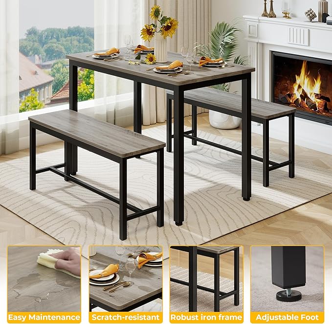 Sturdy Durable Dining Table Set for 4 with Bench, Easy to Assemble Kitchen Table with Bench, Space-Saving Ideal 4-Person Set for Daily Meals, brunches, or workspace,Grey