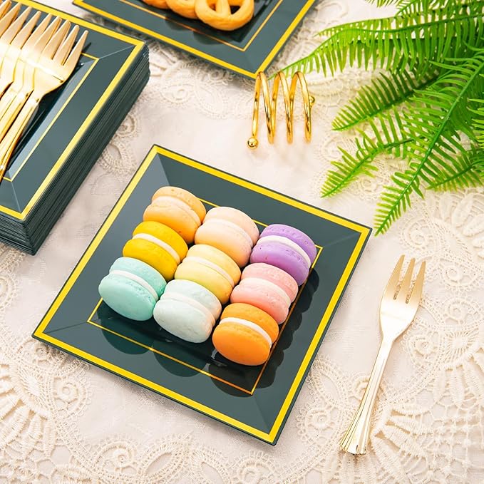 WDF 200PCS Green and Gold Plastic Dessert Plates with Plastic Forks -6’’ 100 Square Disposable Appetizer Plates Small Plates Cake Plates with Gold&100 Green Small Appetizer Forks for St. Patrick's Day