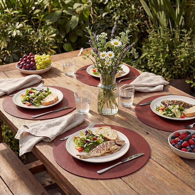 Artoid Mode Red Faux Leather Placemats Set of 4, 15 Inch Waterproof Wipeable Heat Resistant Vinyl Place Mats, Reversible Table Mats for Christmas Kitchen Dining Decor