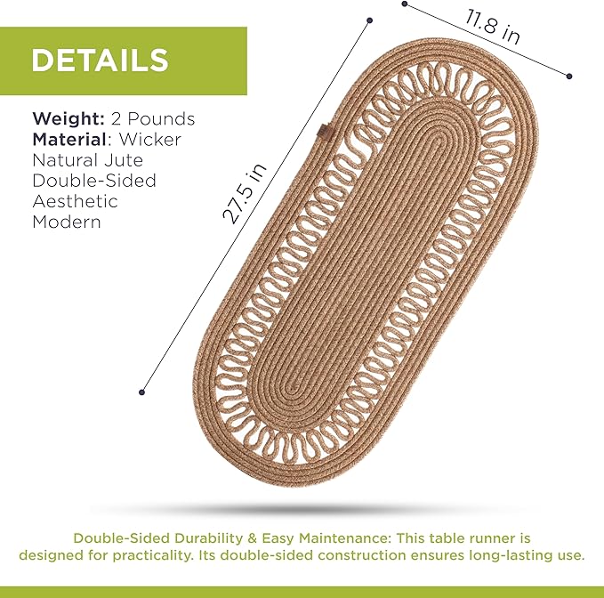 Oval Jute Table Runner | Woven Braided Dining Runner | Natural Textured Rattan Table Runner for Dining Table Coffee Table or Patio 11.8 x 27.5 (Standart)