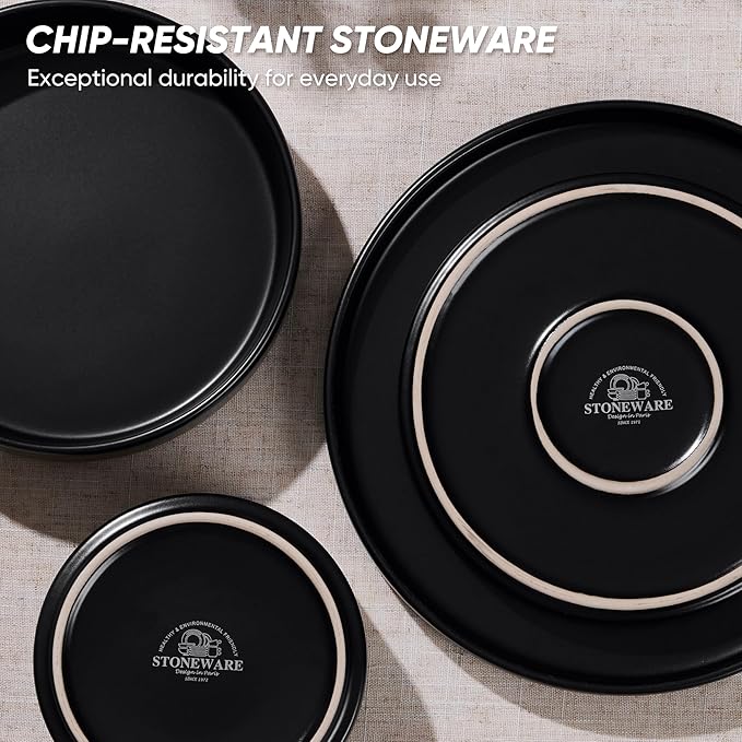 E-far 16-Piece Black Plates and Bowls Sets - Stoneware Dinnerware Sets with Pasta Bowls for 4 | Matte Black Kitchen Modern Dish Set, Microwave & Dishwasher Safe