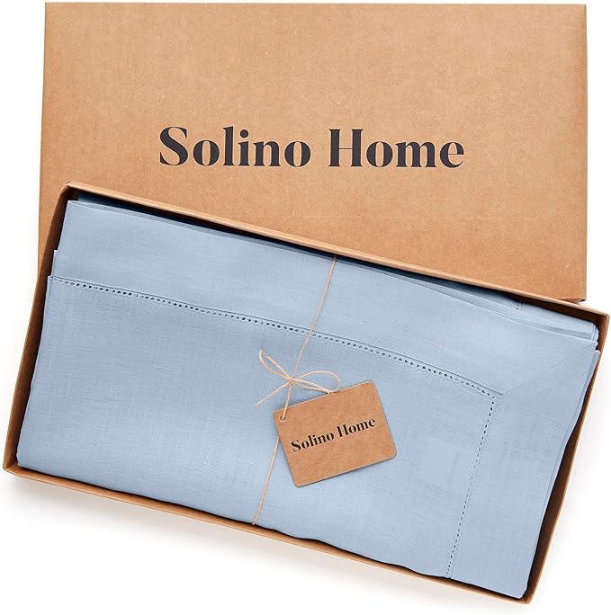 Solino Home Linen Tablecloth 60 x 120 Inch - Classic Hemstitch 100% Pure Linen Sky Blue Table Cloth for Rectangle Tables - Machine Washable Tablecloth for Spring, Easter
