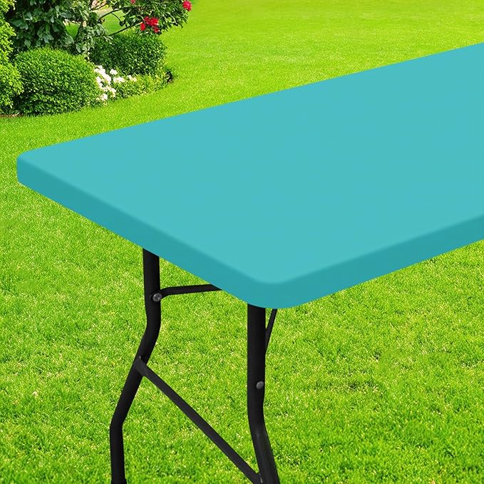 Smiry Rectangle Picnic Table Cloth, Waterproof Elastic Fitted Tablecloths for 6 Foot Tables, Washable Polyester Table Cover for Camping, Indoor and Outdoor (Turquoise, 30"x72")