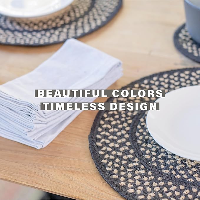 Homespice Manchester Jute Woven Round Placemats Set of 6, 15", Country Primitive Decor, Black and Tan Table Mats - Vibrant Colors, Durable, Easy to Clean and Protects Furniture