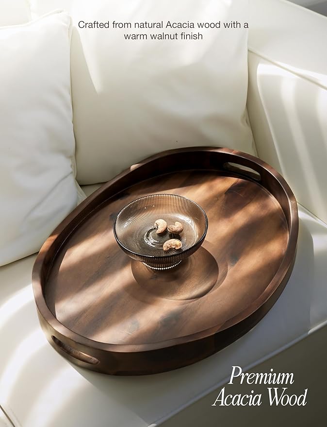 Acacia Oval Wooden Serving Tray with Handless - 16.5" x 13" Ottoman Table Oval Wooden Tray - Round Serving Tray - Ottoman Tray for Living Room, Coffee Table Decor, Serving Platter, Walnut color