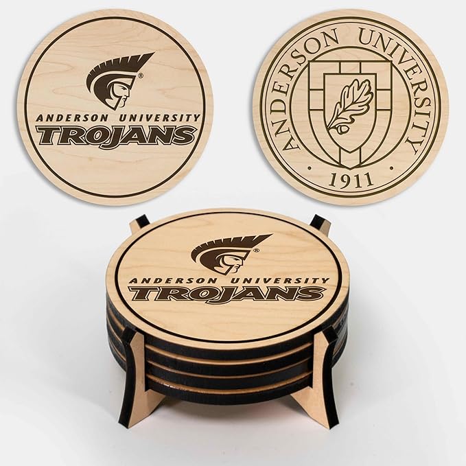 LazerEdge Anderson Trojans Wooden Coaster Set - Maple Wood - Officially Licensed Product - 4-Pack