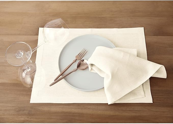 Solino Home Ivory Linen Napkins Set of 6-100% Pure Linen Cloth Washable Dinner Napkins 20 x 20 Inch for Spring, Easter - Fete